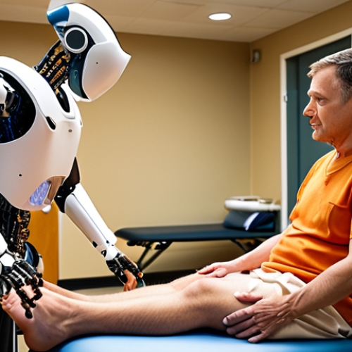 **A physical therapist working alongside a robotic exoskeleton assisting a patient during rehabilitation exercises. Focus on the collaborative aspect of human expertise and technological assistance. Warm lighting, a modern rehabilitation center setting.**