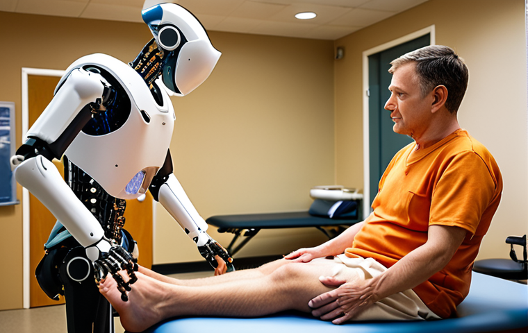 **A physical therapist working alongside a robotic exoskeleton assisting a patient during rehabilitation exercises. Focus on the collaborative aspect of human expertise and technological assistance. Warm lighting, a modern rehabilitation center setting.**