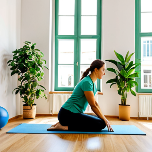 **

"A bright and airy physiotherapy clinic in Lisbon, Portugal. A physiotherapist, fully clothed in professional attire, is demonstrating a yoga pose to a female patient, also fully clothed in modest athletic wear. Soft natural light filters through the window. Green plants add a calming touch. The atmosphere is friendly and encouraging. safe for work, appropriate content, perfect anatomy, natural proportions, professional setting, modest clothing, family-friendly."

**
