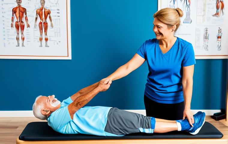 Physiotherapist demonstrating exercise.**

"A friendly, professional female physiotherapist demonstrating a low-impact exercise to a fully clothed, smiling senior male patient in a bright, modern clinic. They are both wearing comfortable, modest athletic wear. Focus on clear instruction and positive interaction. Background includes exercise equipment and anatomical charts. Safe for work, appropriate content, fully clothed, professional, modest, perfect anatomy, correct proportions, natural pose, well-formed hands, proper finger count, natural body proportions, high quality, professional photography."

**