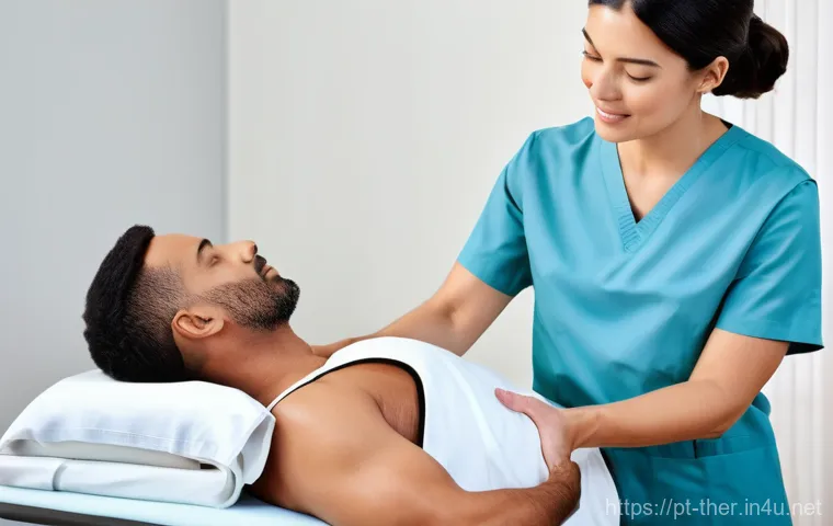 도수치료와 물리치료 비교 - **Prompt:** A compassionate and skilled female manual therapist (mid-30s, diverse ethnicity) gently ...