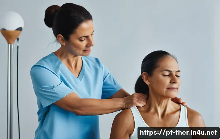 물리치료사의 전문적 도수치료 스킬 - A professional physical therapist performing a detailed manual muscle tension assessment on a middle...