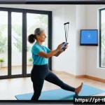 물리치료사의 재택근무 가능성 - A modern physiotherapy tele-rehabilitation session scene showing a middle-aged Brazilian patient wea...