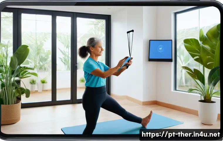 물리치료사의 재택근무 가능성 - A modern physiotherapy tele-rehabilitation session scene showing a middle-aged Brazilian patient wea...