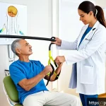 물리치료 자격증 취득 방법 - A professional physiotherapist in a modern Brazilian clinic setting, wearing a clean white lab coat ...