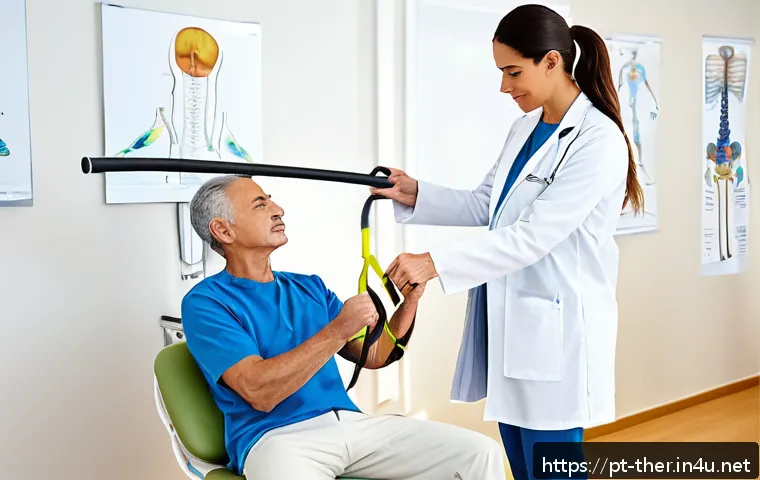 물리치료 자격증 취득 방법 - A professional physiotherapist in a modern Brazilian clinic setting, wearing a clean white lab coat ...